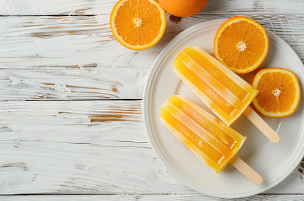 Ice cream popsicles with organic orange fruit on wooden background, a Food & Drink Photo by AlyaAnd