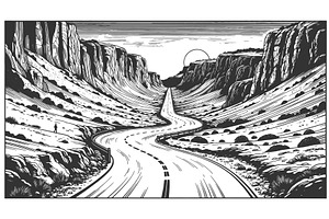 Winding Desert Road Through Canyon, an Illustration by AlexArt