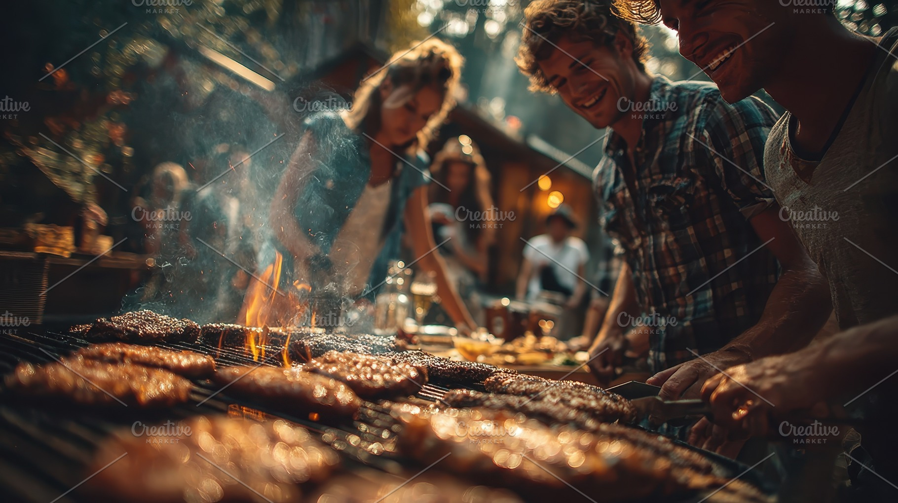 Friends grilling meat at outdoor bar, a Photo by Pixeness Studio