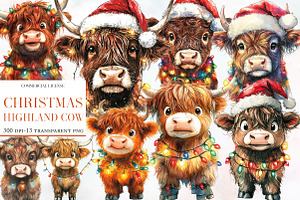 Christmas Highland Cow Clipart, an Illustration by Designworld