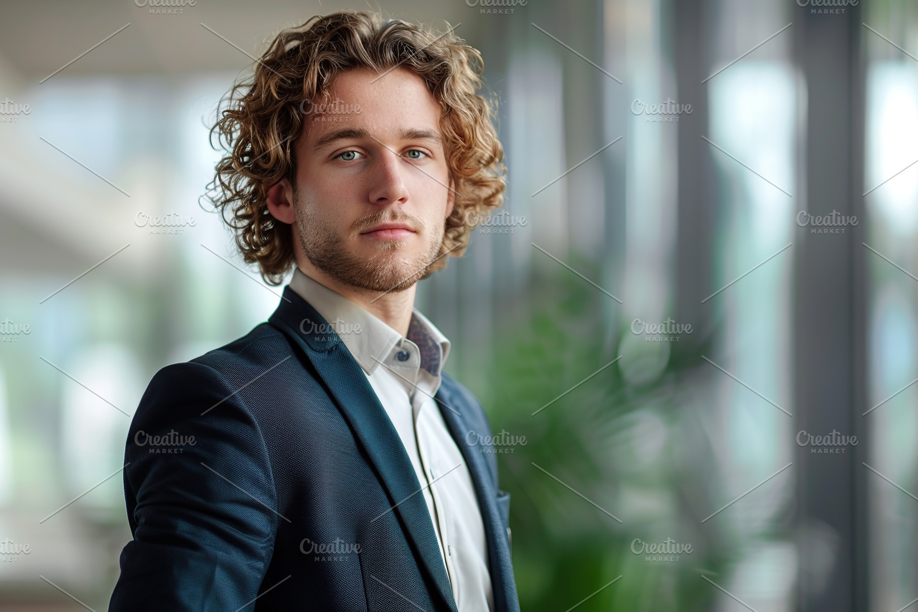 Young businessman in business suit standing on blurred office background, a Business Photo by AlyaAnd