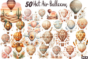 Watercolor Hot Air Balloons Boho PNG, an Illustration by DreamCafeArt