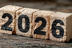 2026 wooden number blocks on a rustic table representing new year goals, planni, a Photo by AS photostudio