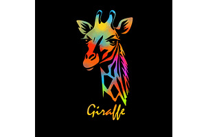 colored Giraffe head on black, an Animal Illustration by Nenahliadava Design