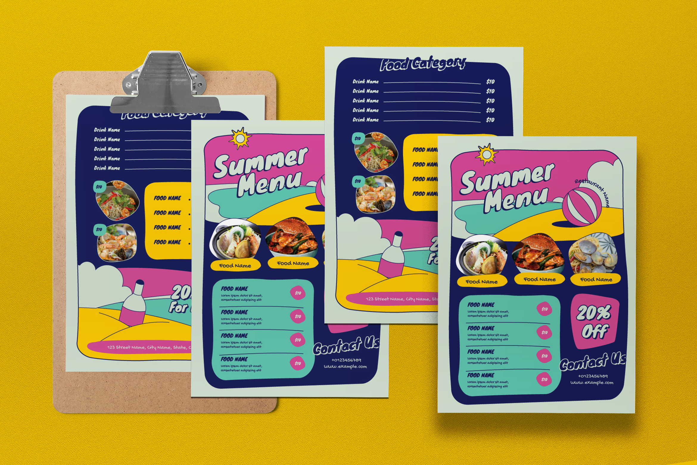 Blue Flat Design Summer Food Menu, a Flyer Template by graphicook