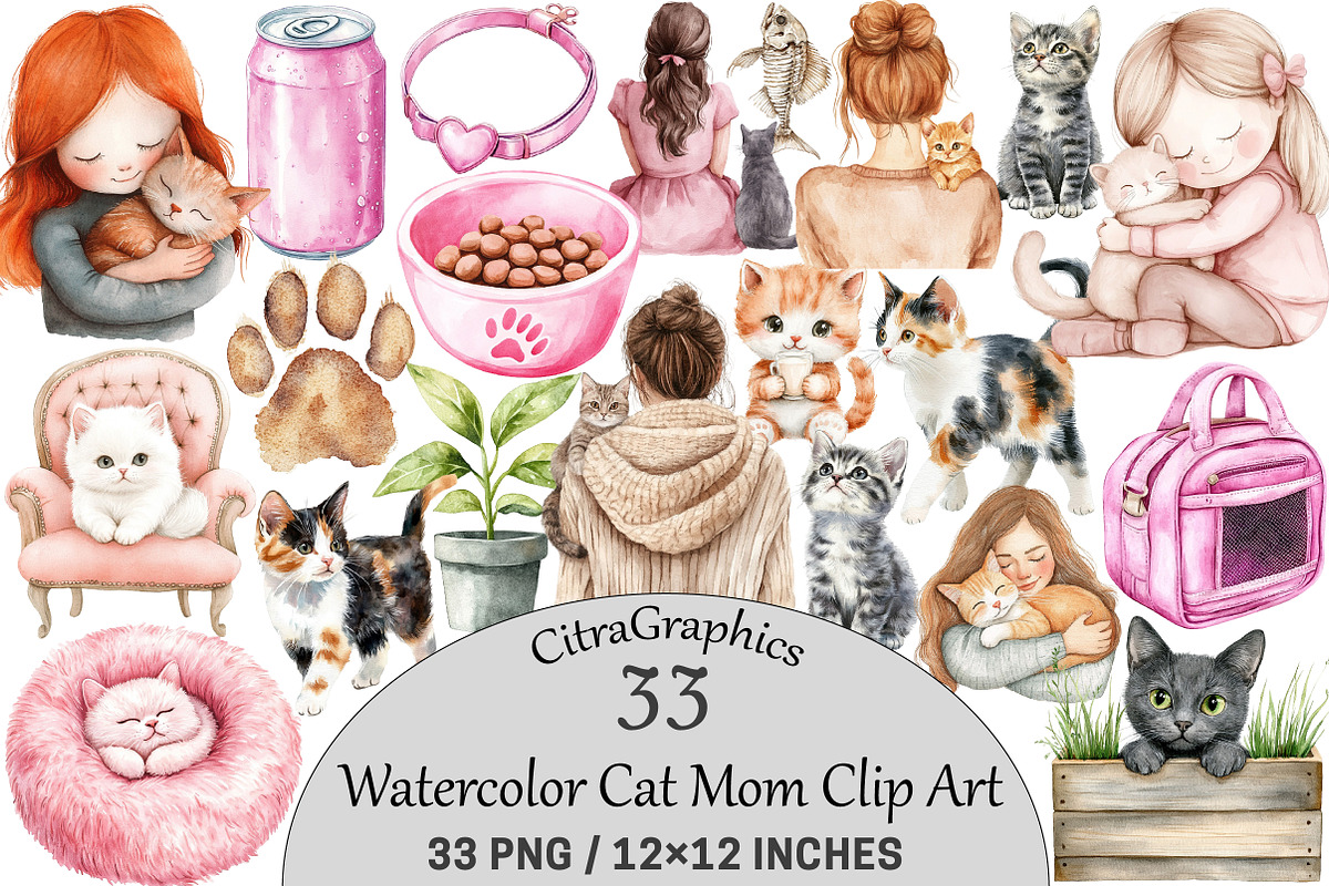 Watercolor Cat Mom Clip Art, an Illustration by CitraGraphics (Photo 1 of 5)