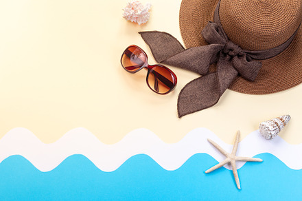Summer background with hat, sunglasses and seashells, waves made from paper, ho, a Holiday Photo by iuliia_n