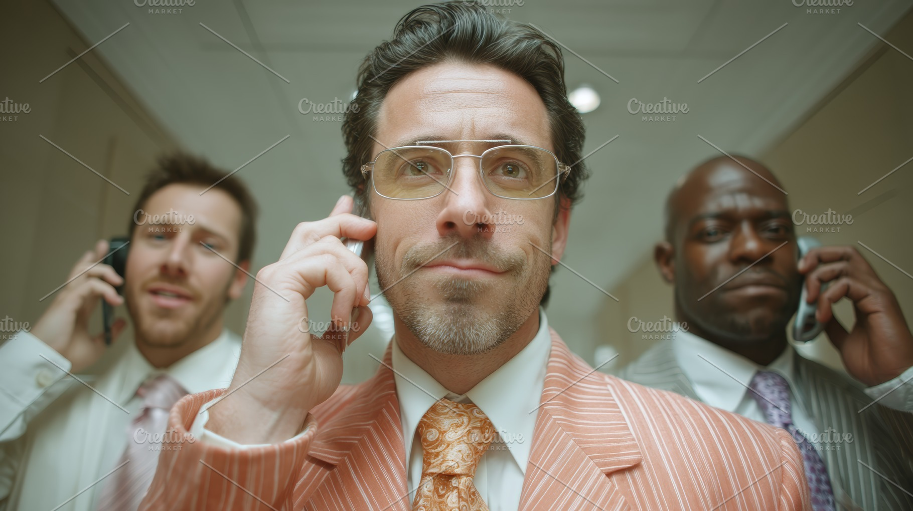 Confident businessmen in a hallway on phones, creating a professional corporate, a Photo by AS photostudio