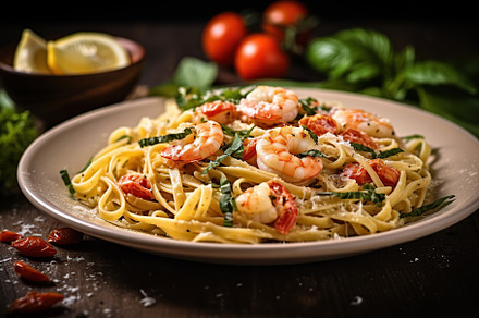 Italian pasta with creamy sauce and shrimp on plate. Generative aI, a Food & Drink Photo by AlyaAnd