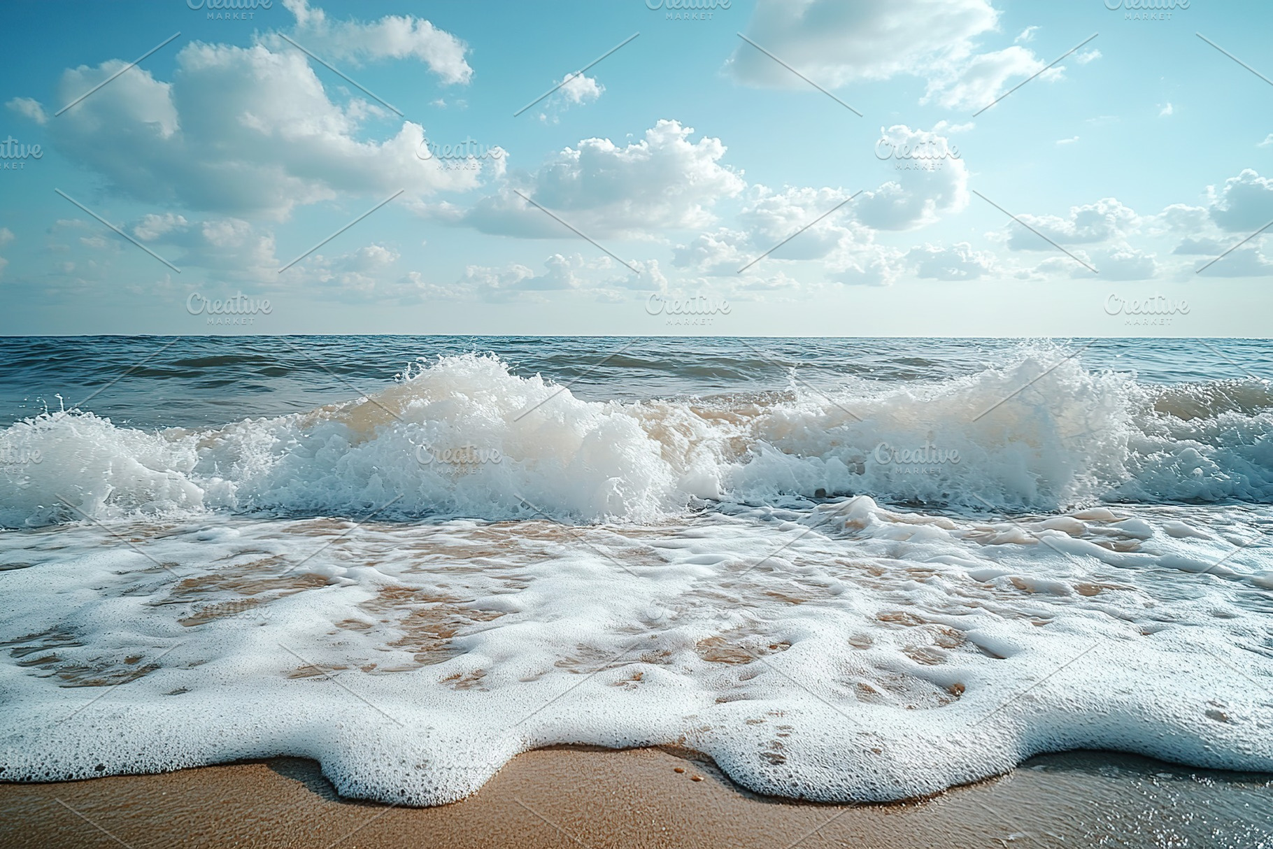 Ocean waves rolling towards the sandy shore on a sunny day with fluffy clouds, a Nature Photo by AlyaAnd