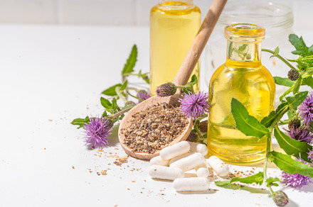 Milk Thistle supplies, powder and oil, a Health & Medical Photo by Rimma