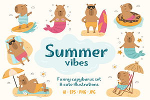 Funny capybaras set. Summer vibes, an Animal Illustration by Mila_art