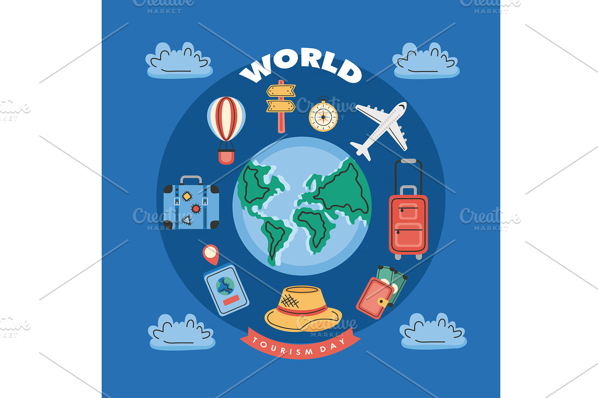 world turism day lettering frame, an Illustration by studiogstock