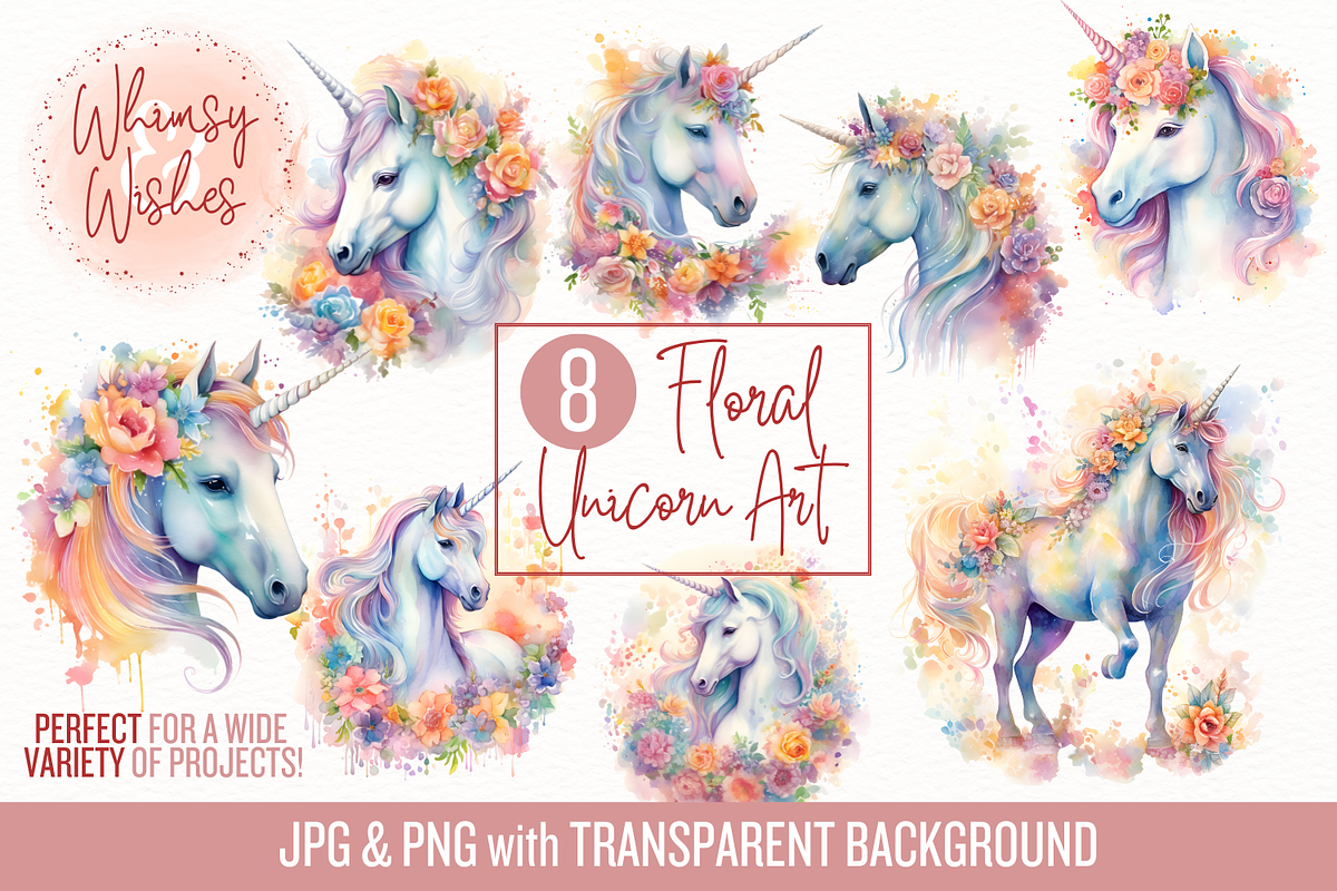 Floral Unicorns Watercolor Clip Art, a Decorative Illustration by Whimsy & Wishes (Photo 1 of 3)