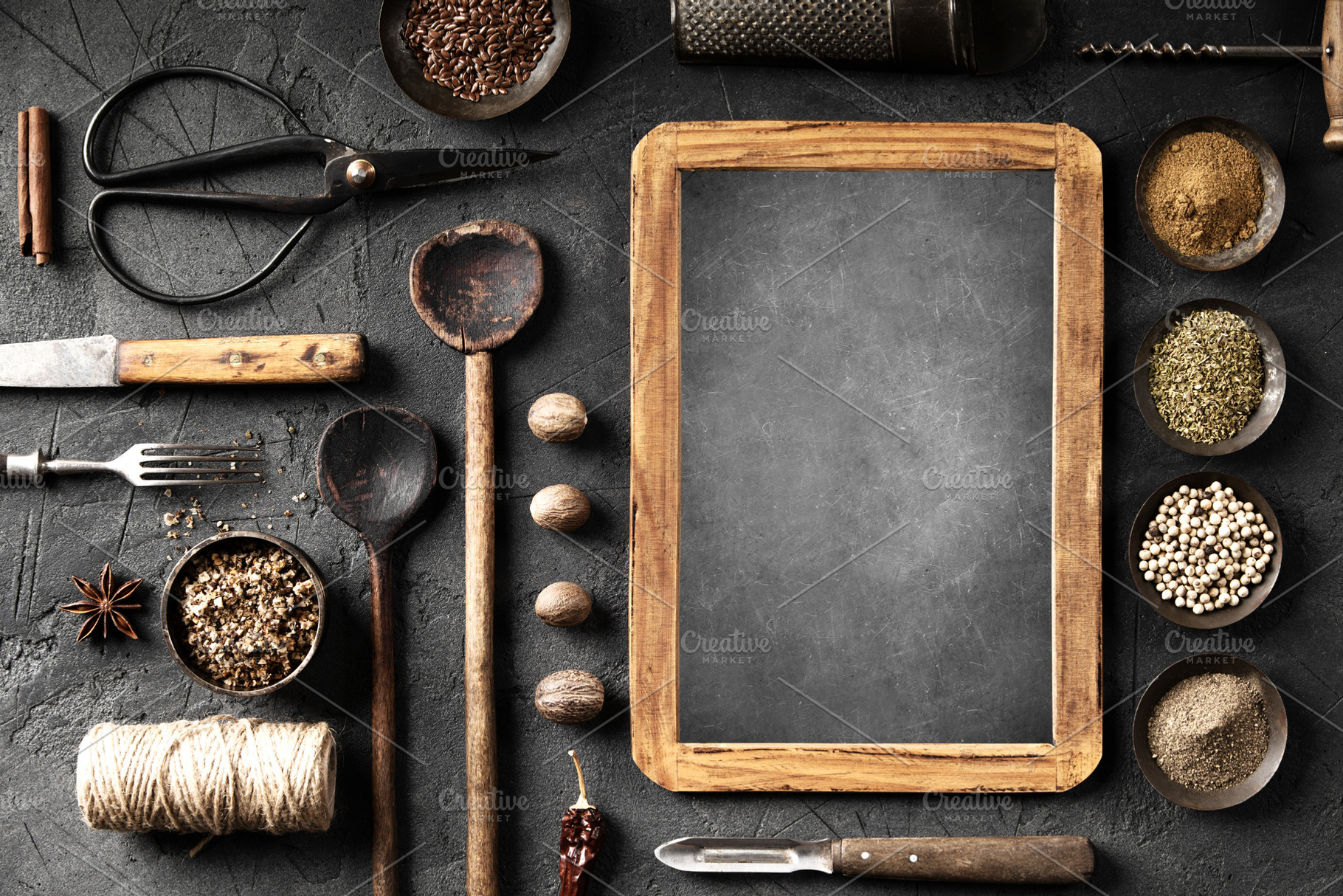 Rustic Kitchen Utensils and Spices with Empty Chalkboard, a Food & Drink Photo by Natalia Klenova's Shop
