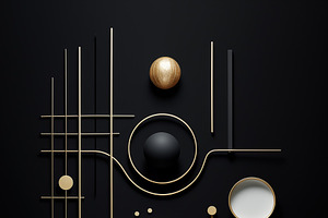 An Abstract Composition Featuring Geometric Shapes And Lines In Gold, Black, An