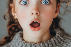 A surprised young girl with wide blue eyes and an open mouth, wearing a cozy gr, a Person Photo by Textures & Backgrounds