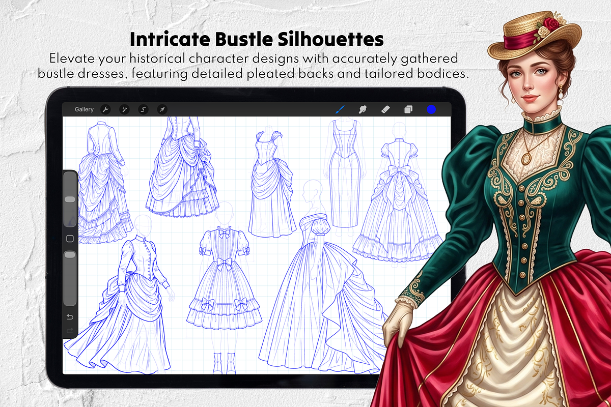 215 Victorian Dress Procreate Stamps, a Brush Add-On by Selentaori Studio (Photo 6 of 12)