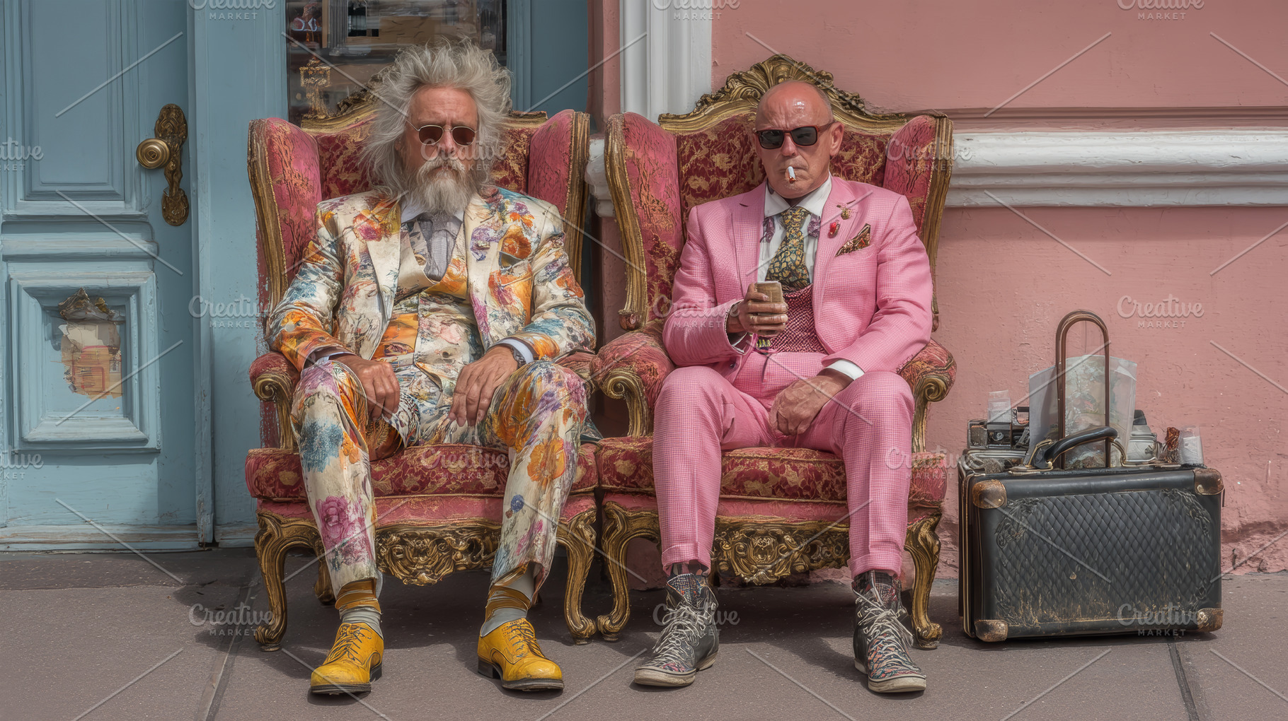Two stylish men in colorful suits sit on ornate armchairs outsid, a Photo by AS photostudio