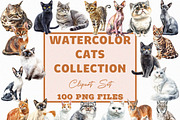 Watercolor Cats Clipart Pack (PNG), an Animal Illustration by DesignBTF (Thumbnail 1 of 8)