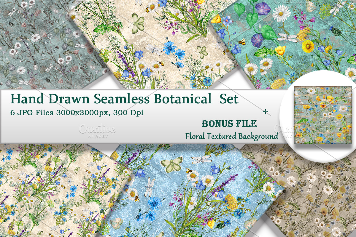 Seamless Textured Floral Set & Bonus, a Pattern Graphic by Arevka