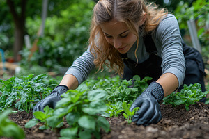 Gardener tending to fresh herbs in a, a Photo by Tanuart