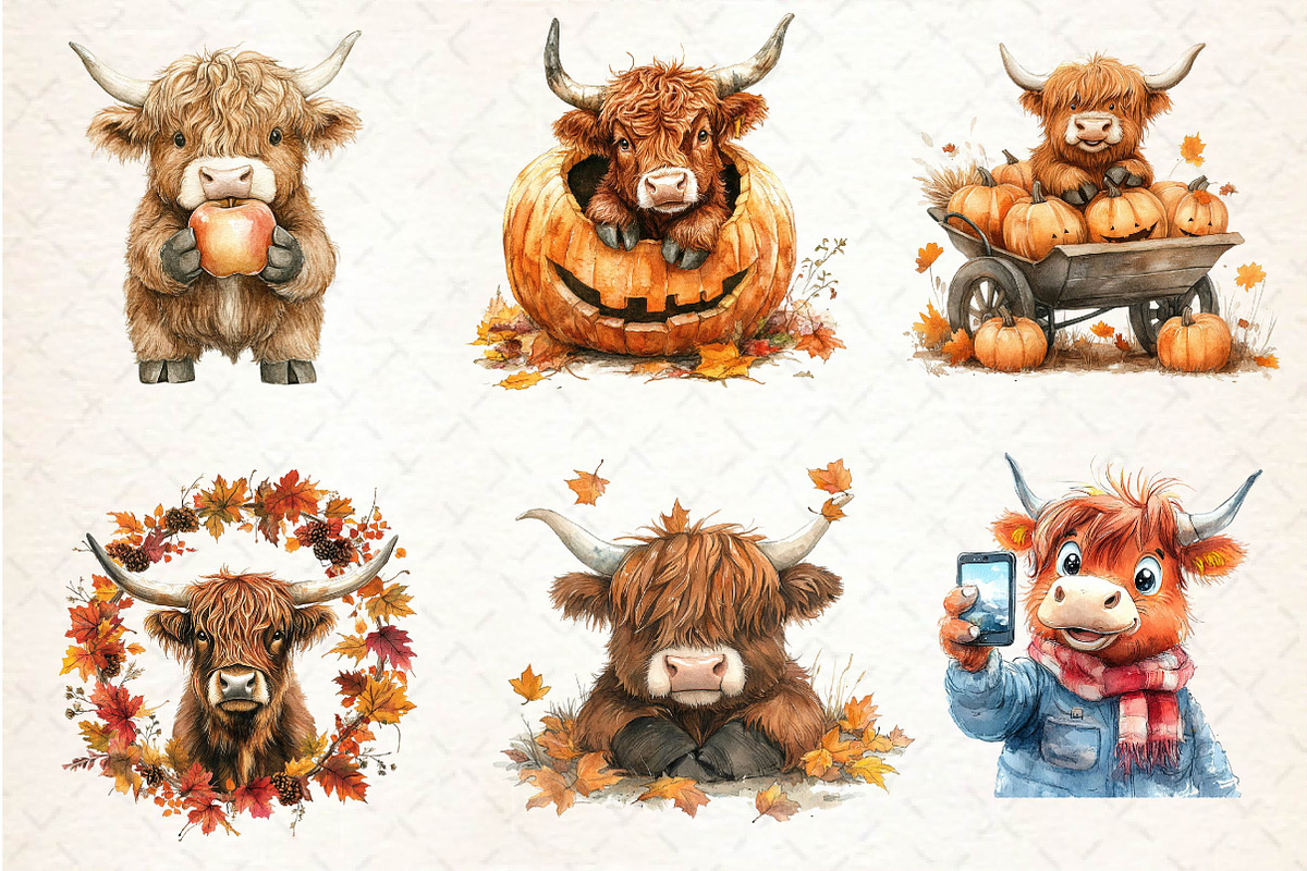 Autumn Funny Highland Cow Clipart, an Illustration by Dream Creation (Photo 2 of 6)