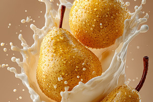 Juicy Pears Splashing in Creamy Milk, a Photo by Pixeness Studio