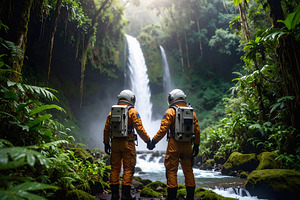 Astronauts together in forest near waterfall under glowing light, a Transportation Photo by GoodGoods