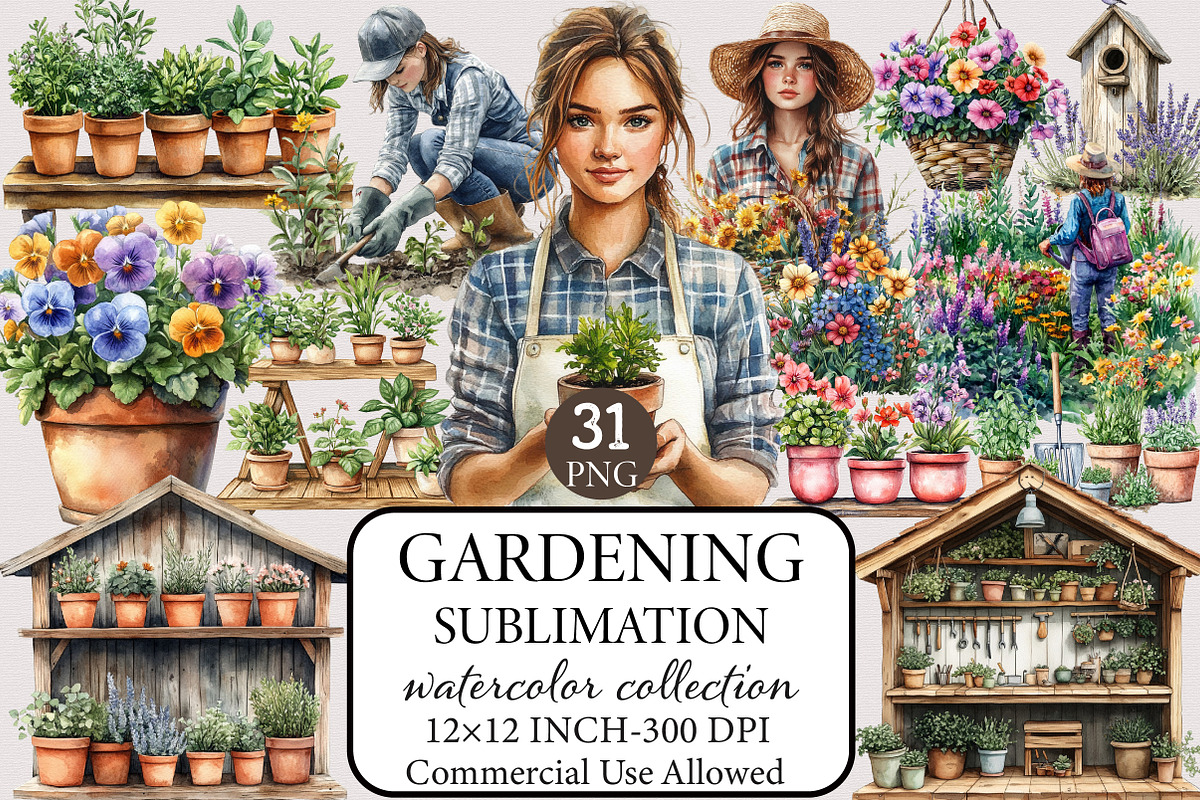 Gardening Watercolor Sublimation Cli, an Illustration by Libby Wishes (Photo 1 of 9)