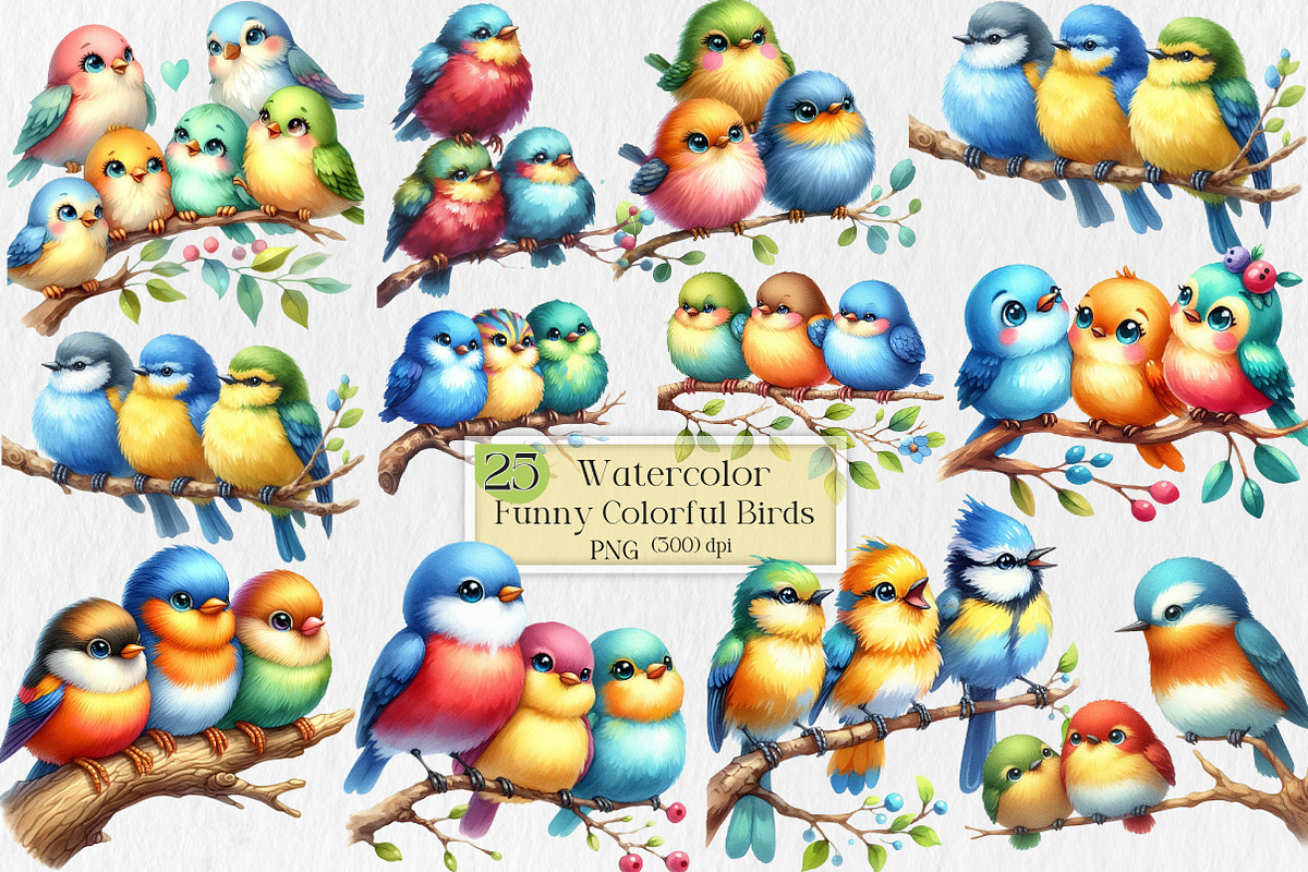 Funny Colorful Birds Watercolor Png, an Illustration by Creative Art (Photo 1 of 6)