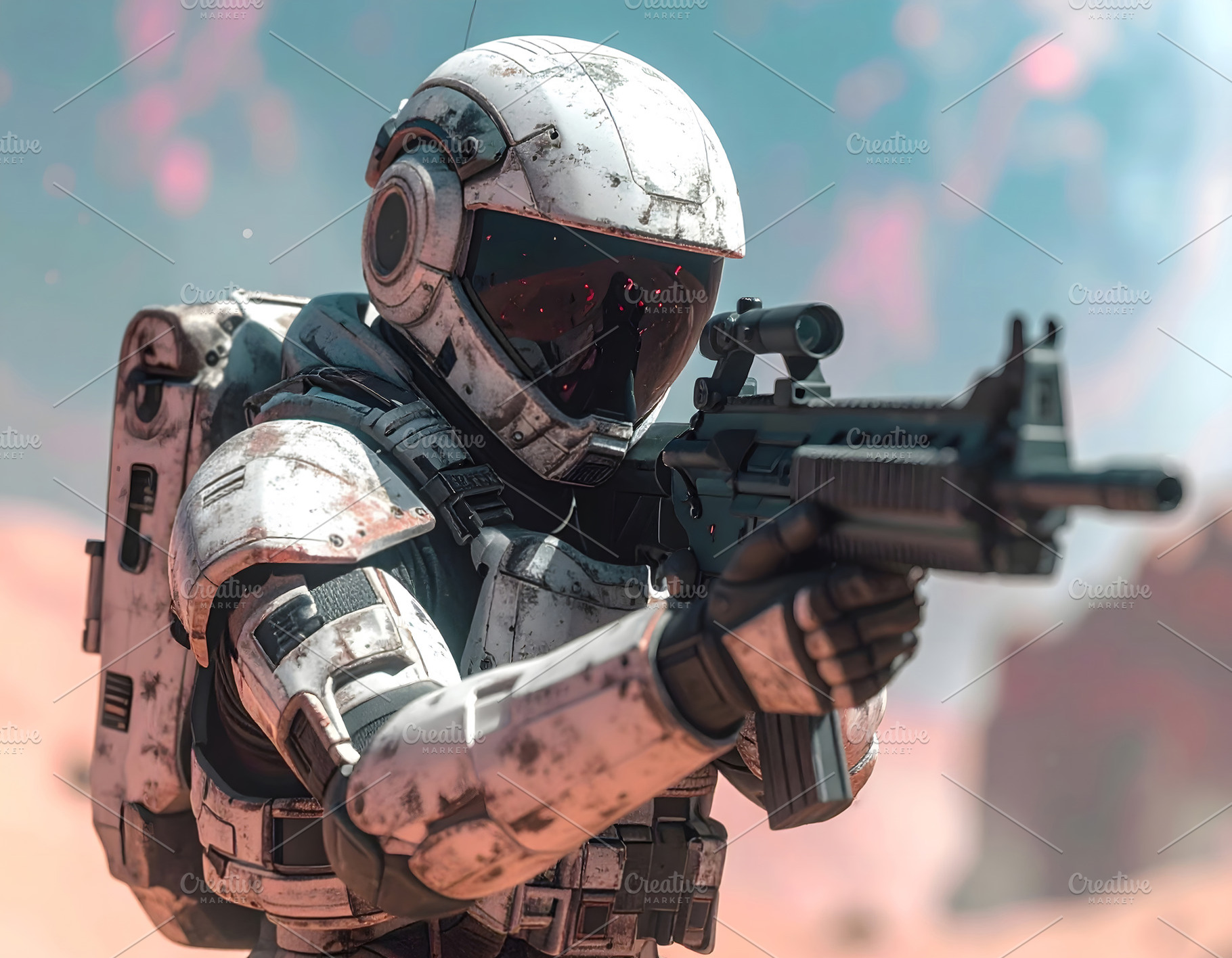 Military robot aiming futuristic rifle in desert battlefield, a Technology Photo by GoodGoods