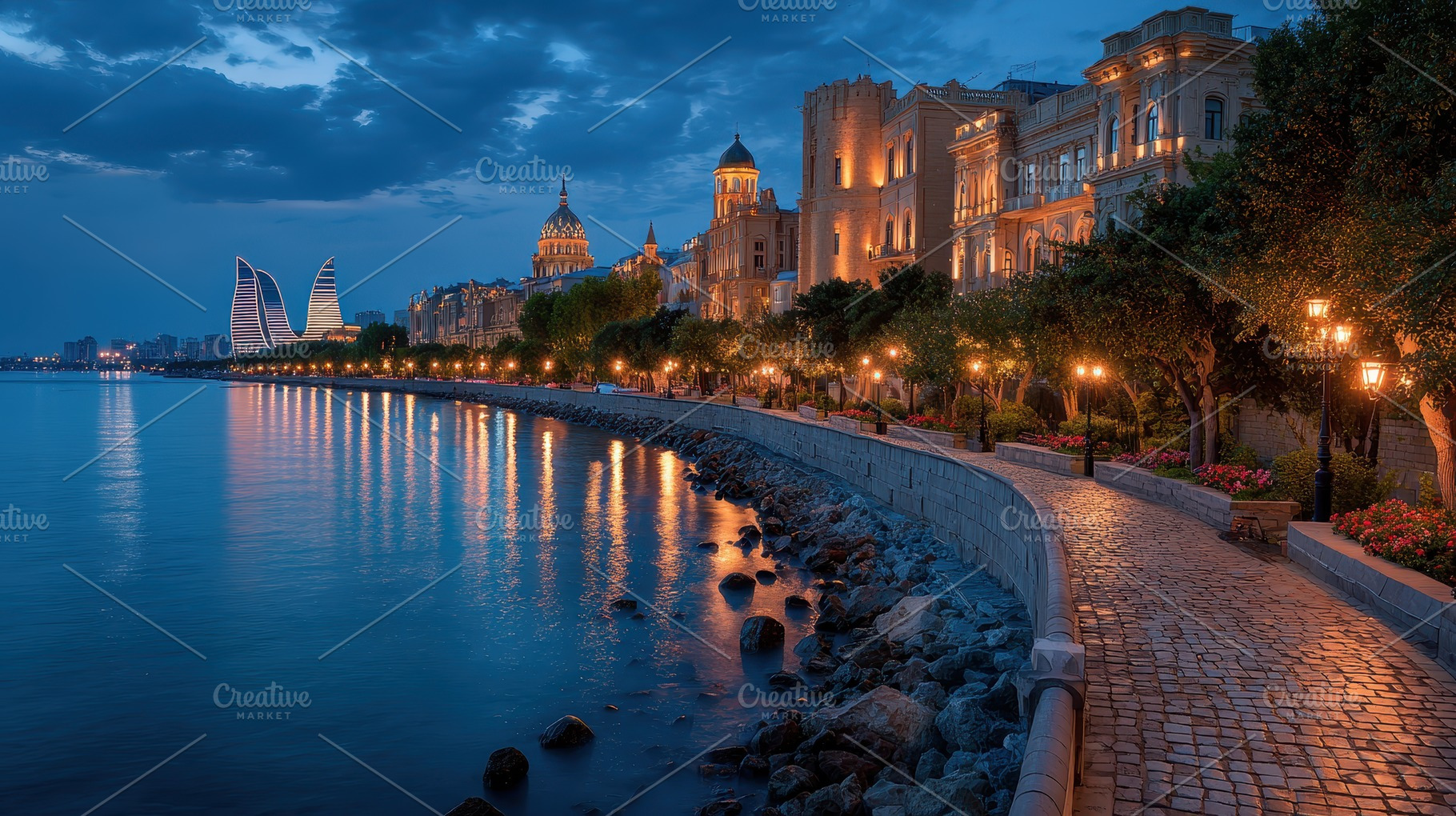 Baku Azerbaijan seaside promenade at, a Photo by Pixeness Studio