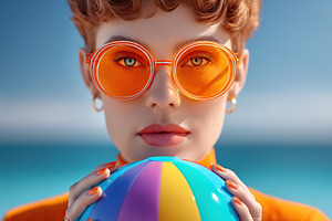 Woman enjoying summer sun at the beach with a colorful ball while wearing fashi, a Person Photo by AlyaAnd