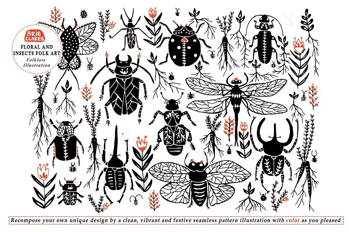 Floral and Insects Folk Art, a Pattern Graphic by Arie Clares (Photo 3 of 11)