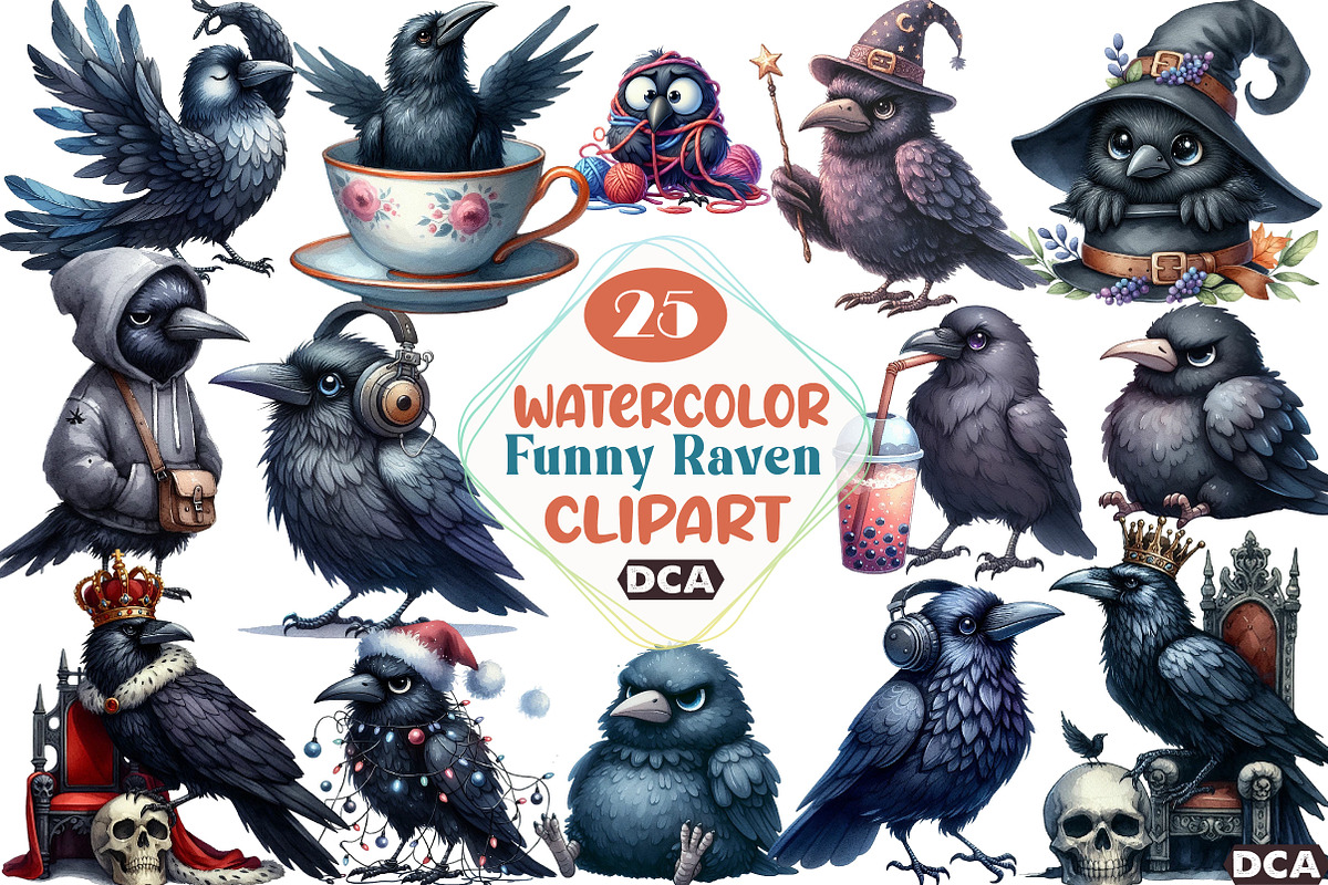 Watercolor Crow Clipart, Funny Raven, an Illustration by DreamCafeArt (Photo 1 of 7)
