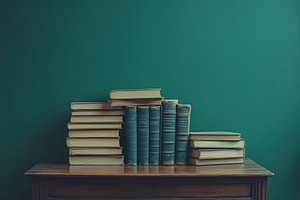 Antique books stacked on wooden tabl, an Abstract Photo by Pixeness Studio