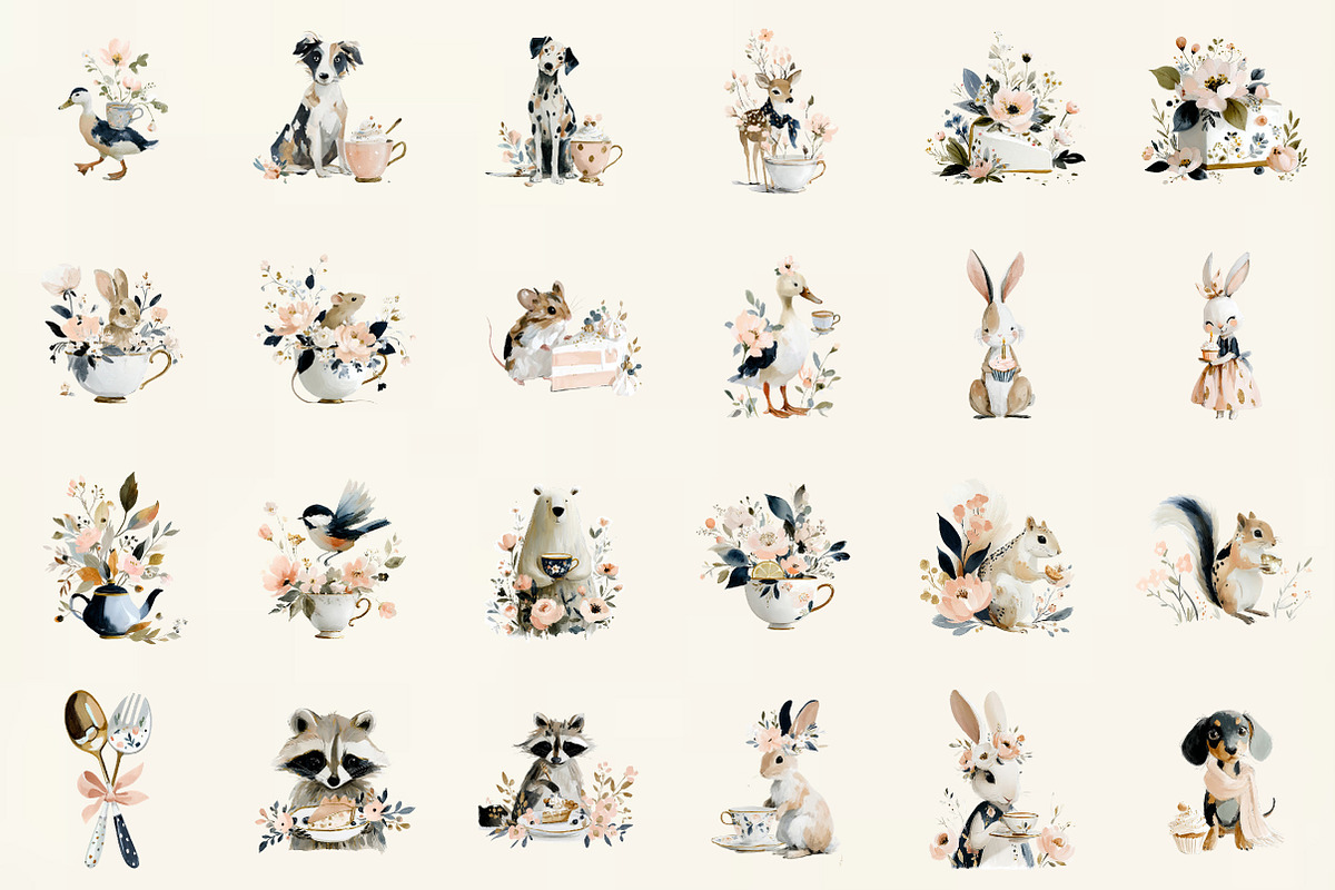 Pastel Animals Tea Party Clipart Set, an Illustration by DreamCafeArt (Photo 2 of 6)