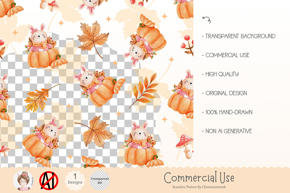 Bunny Pumpkin Seamless Pattern, a Pattern Graphic by Chonnieartwork (Photo 2 of 5)