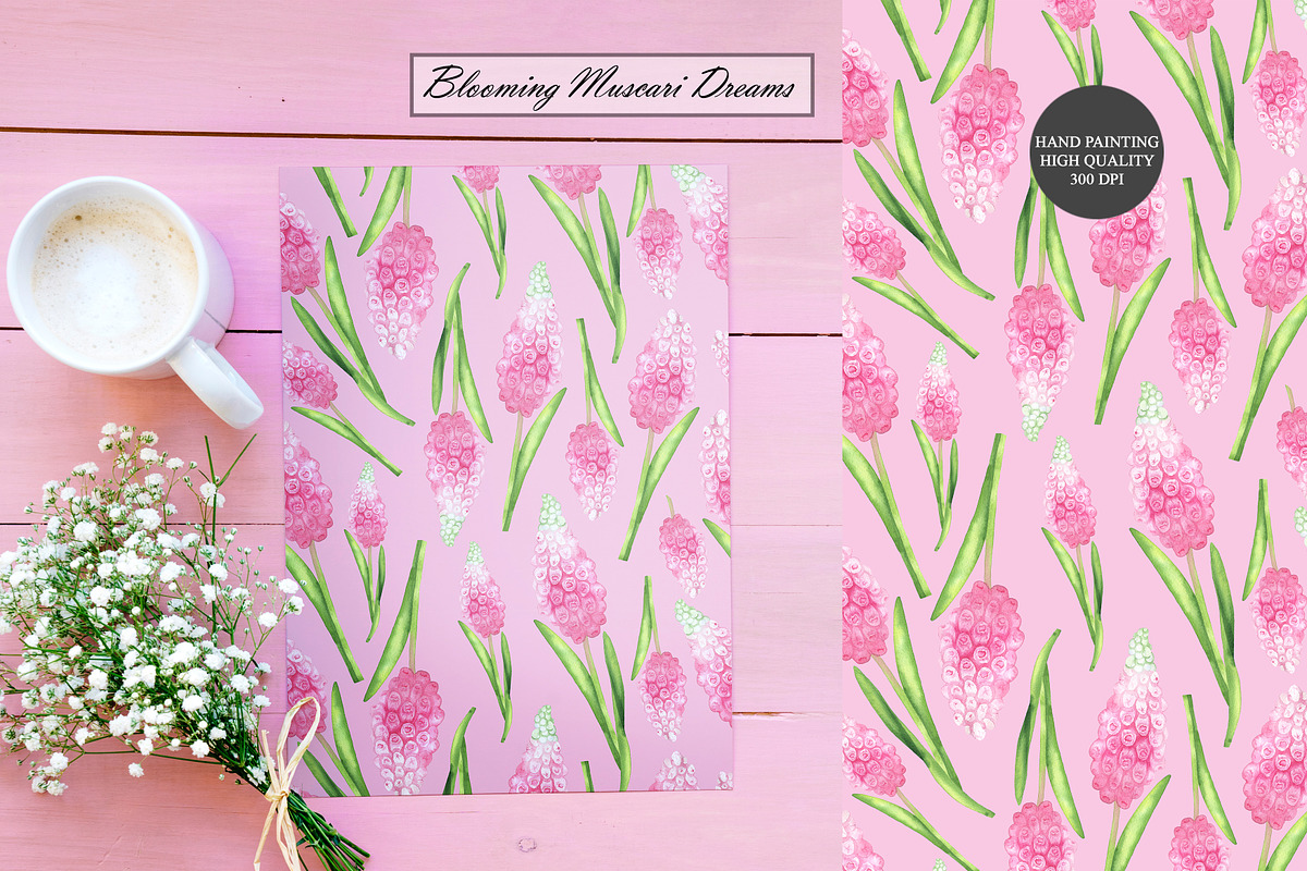 Watercolor Muscari Seamless Patterns, an Illustration by OlDm_Shop (Photo 4 of 9)