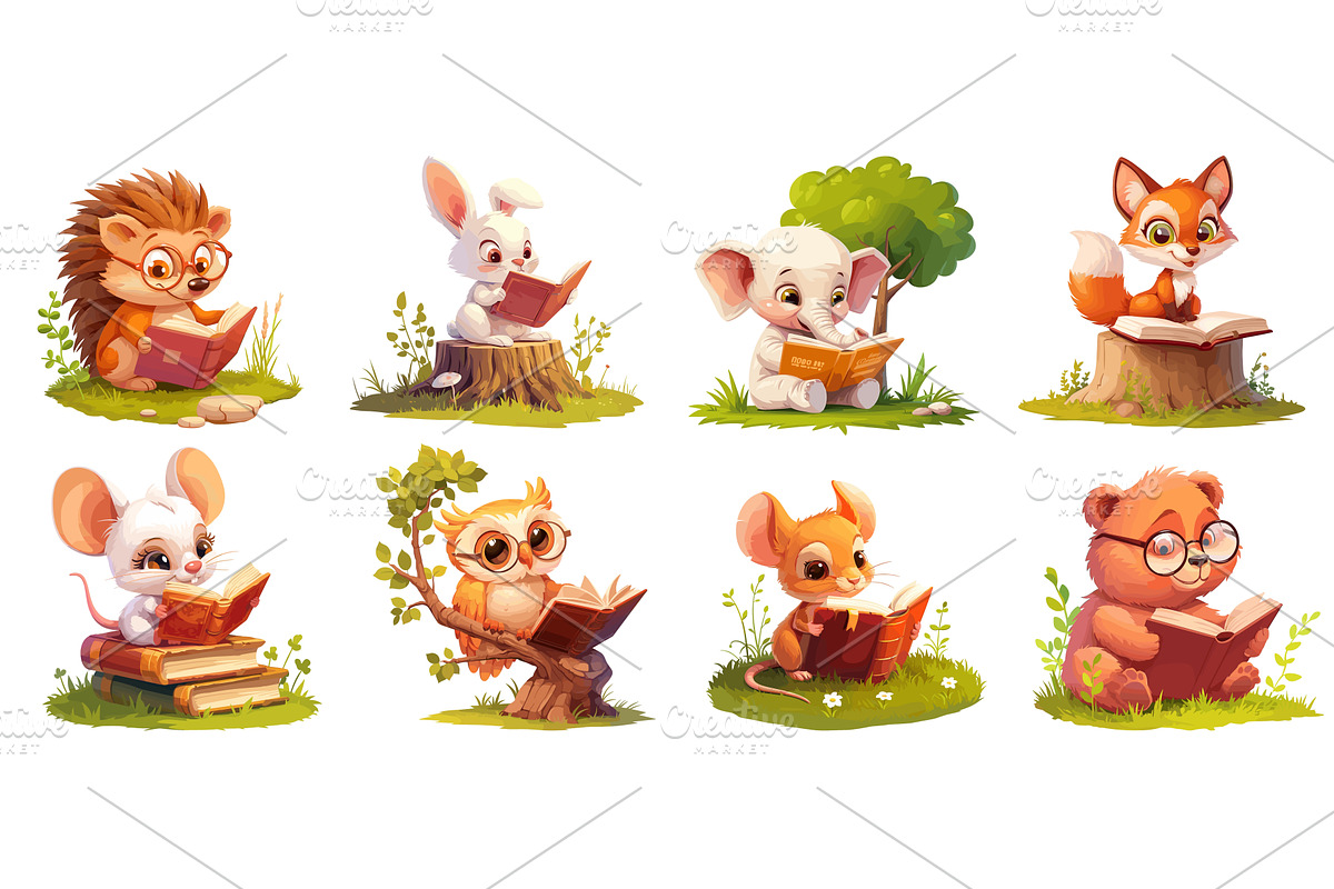 animals reading cartoon. cute, an Animal Illustration by Stock-Smart-Start
