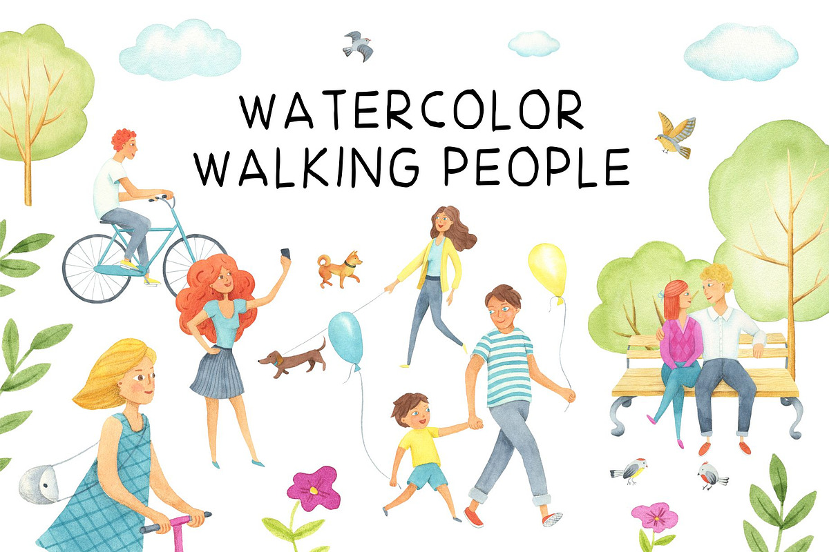 Big set watercolor walking people., a Sport Illustration by Kattarina Po (Photo 1 of 6)