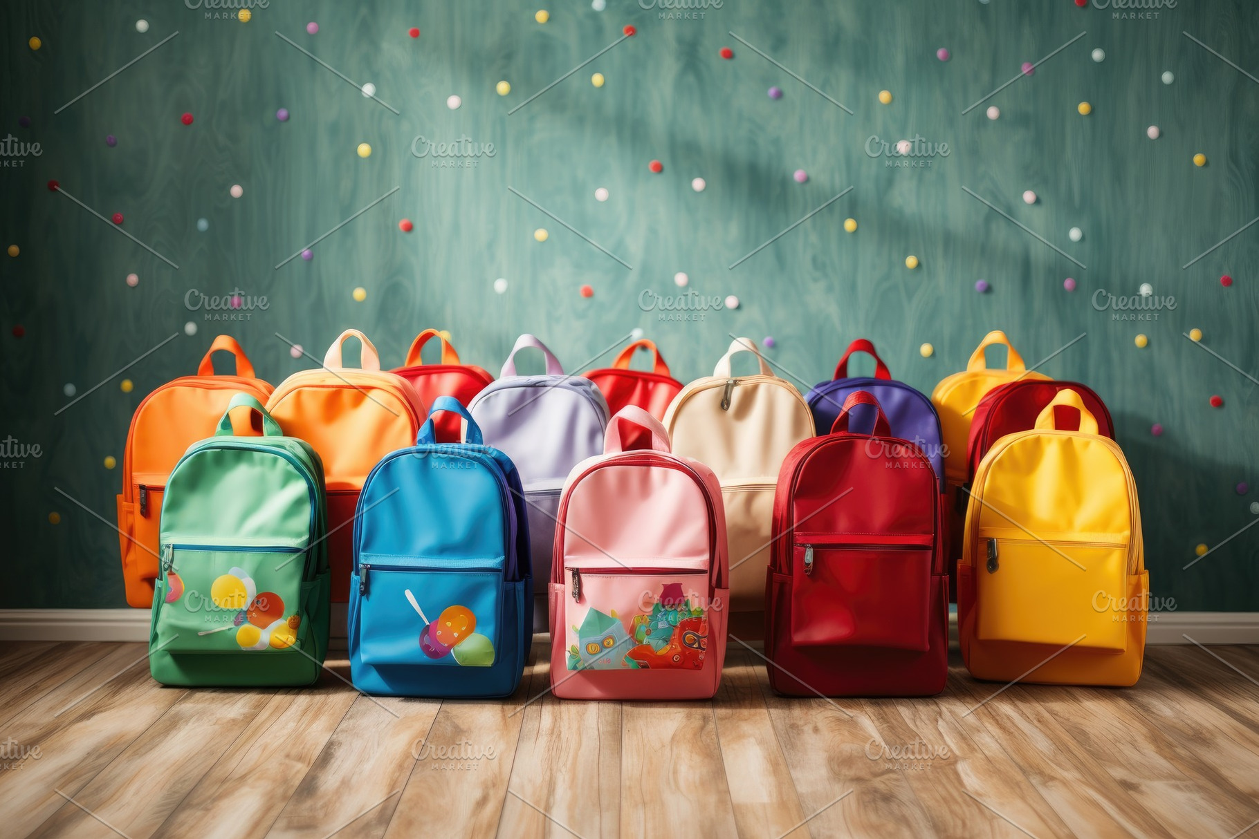 Colorful school bags on wooden shelf, a Photo by Iftikhar Alam