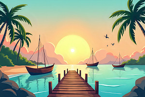Island Fishing Pier With Boats And S, a Photo by LOGOCREATIVE