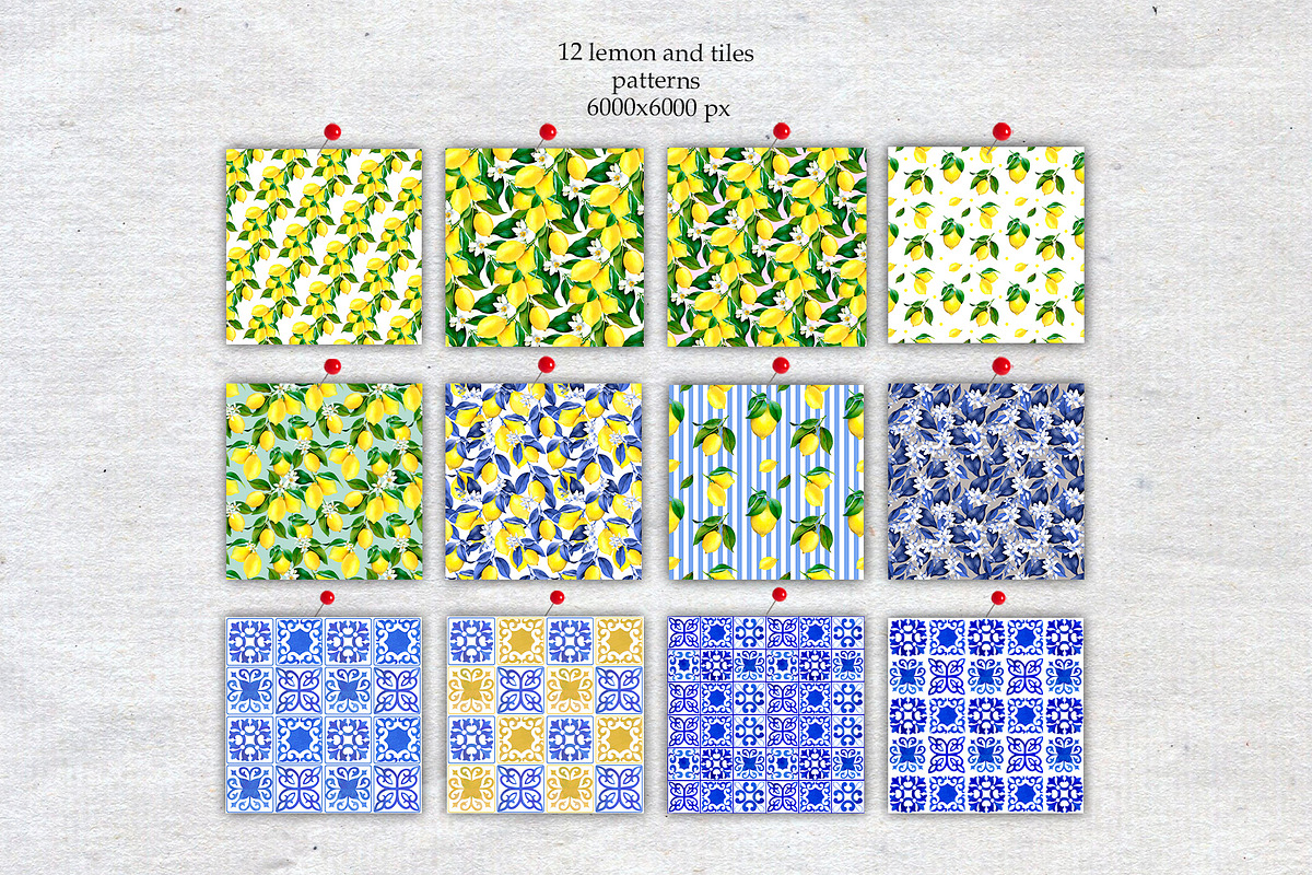 Watercolor Lemon Tiles 69 Assets, a Decorative Illustration by SunnJaneArt (Photo 6 of 14)