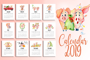 Calendar Pigs Template 2019 Year