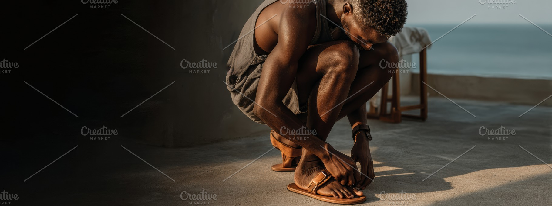 Man adjusting leather sandals, a Person Photo by Virgo Studio