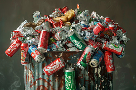 A trash can overflowing with cans an, a Photo by Iftikhar Alam