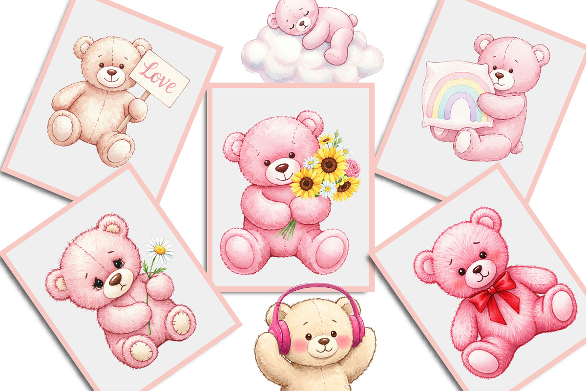 Watercolor Pink Cute Blush Teddy Png, an Illustration by Creative Art (Photo 9 of 10)
