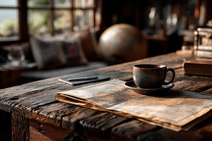 Rustic coffee on a weathered wooden table beside maps and a globe in a vintage, a Photo by AS photostudio